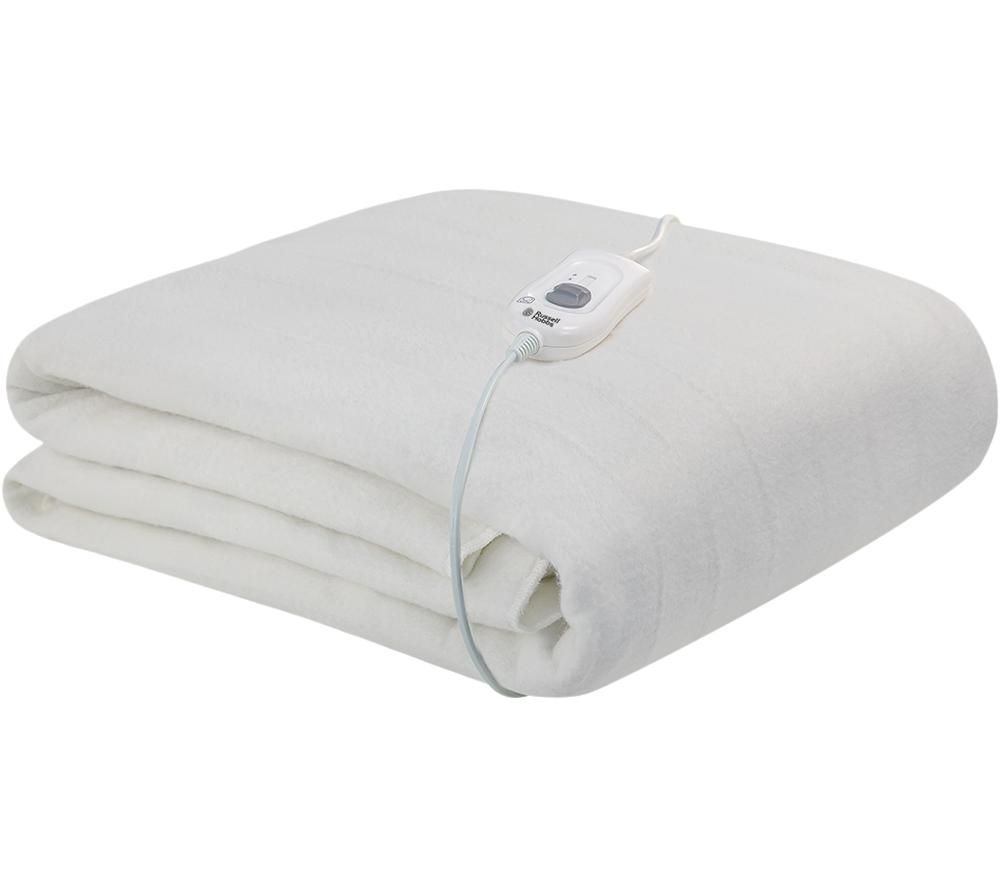 White Russell Hobbs double electric blanket, made of soft fabric, featuring a control unit for adjustable heat settings, neatly folded and showcasing a quilted texture.