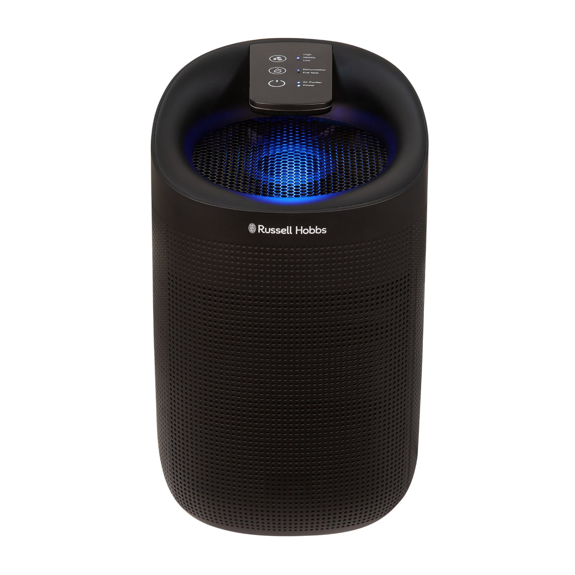 Compact black dehumidifier and air purifier with a rounded design, featuring a control panel on top and a blue LED light illuminating the mesh grille.