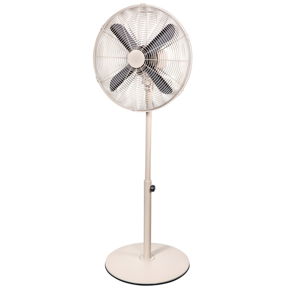 Beige pedestal fan with a Scandi wood effect, featuring a circular metal grille, four black blades, adjustable height, and a sturdy round base.
