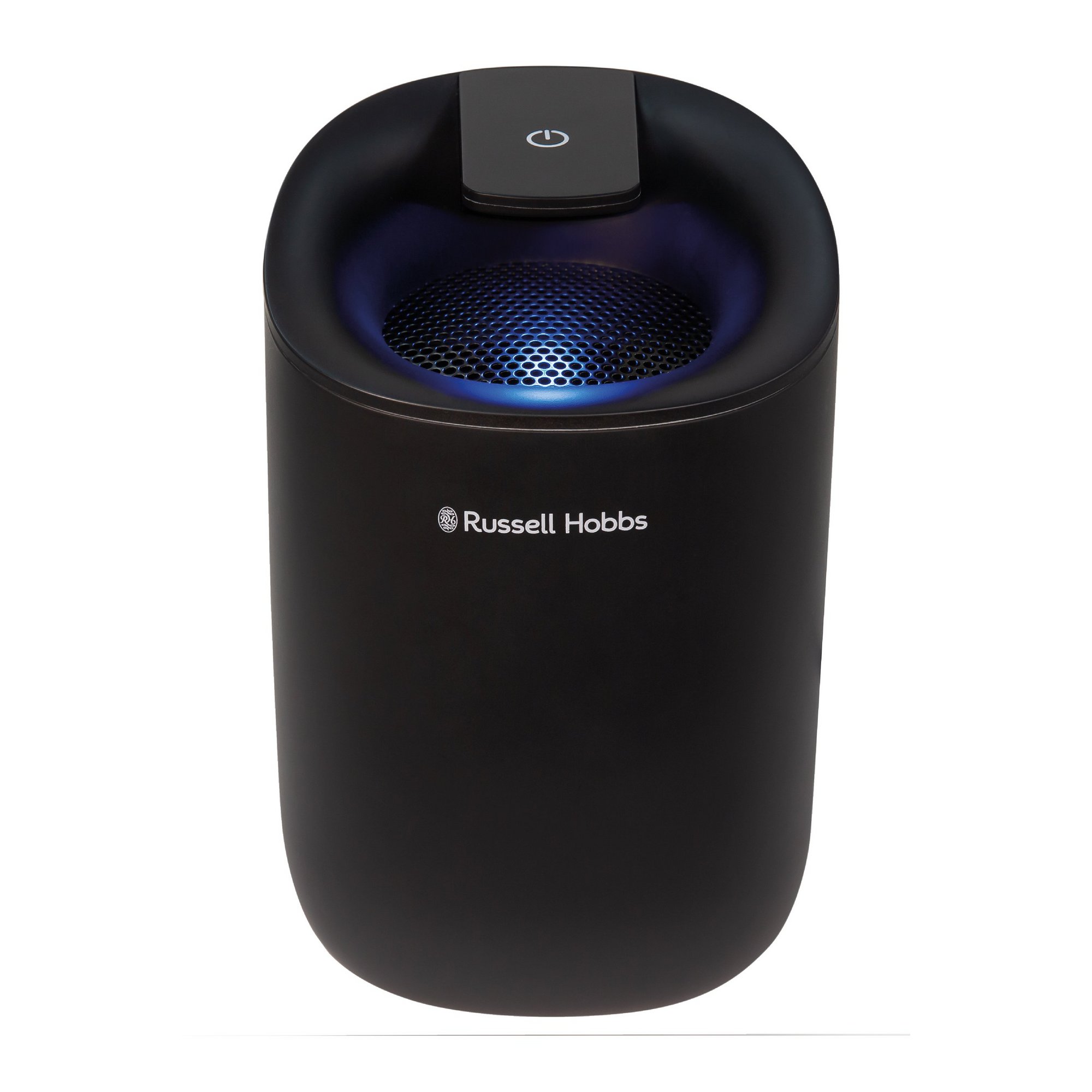 Portable grey dehumidifier with a rounded design, featuring a power button on top and a blue illuminated mesh area for air intake.