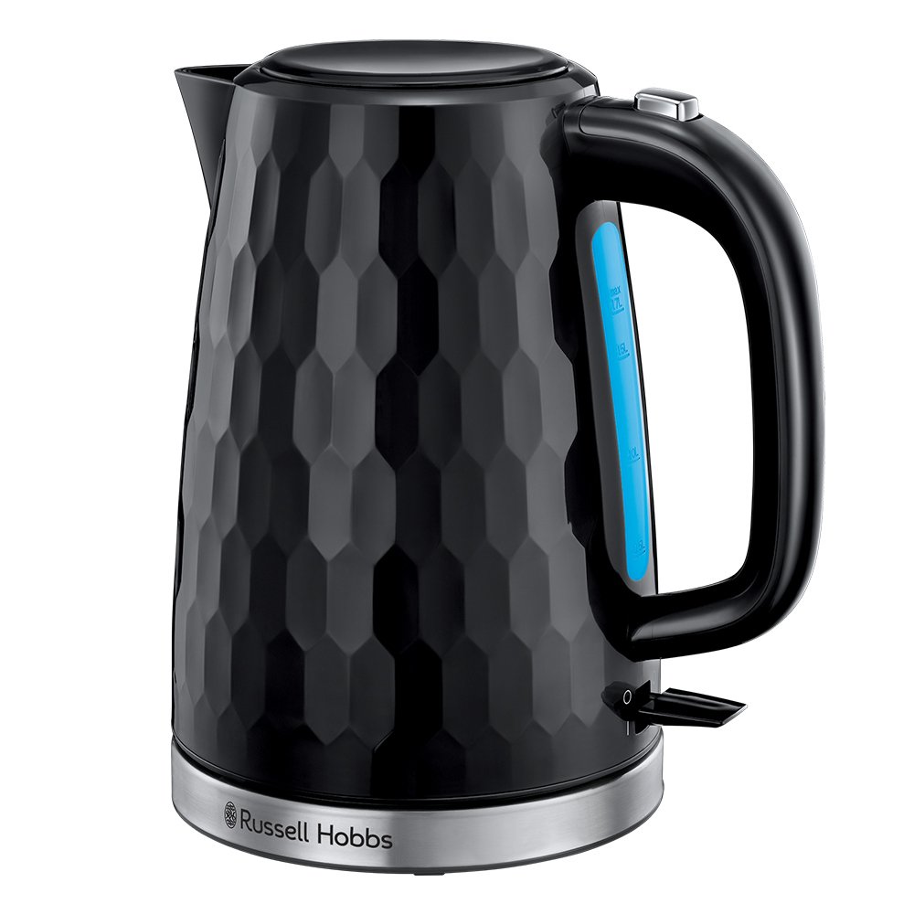 Black cordless electric kettle with a honeycomb texture, 1.7L capacity, blue water level indicator, and stainless steel base by Russell Hobbs.