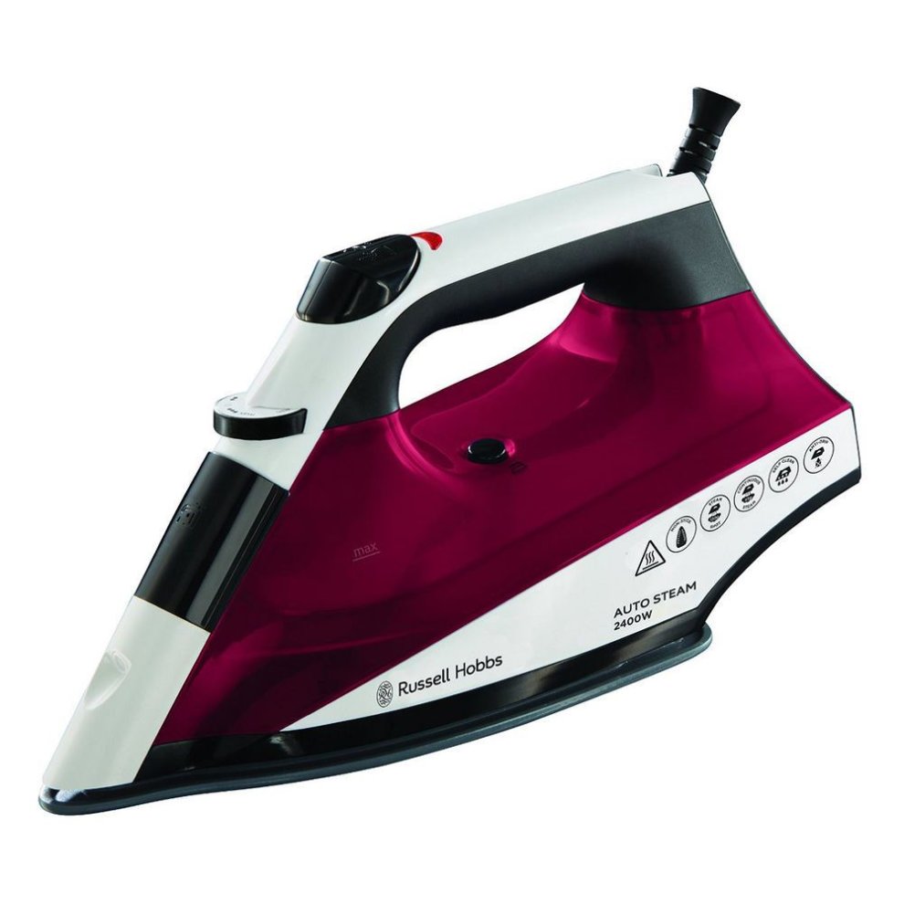 Red and black Russell Hobbs Auto Steam Pro Non-Stick Iron features a sleek design, steam control buttons, and a transparent water tank for easy monitoring.