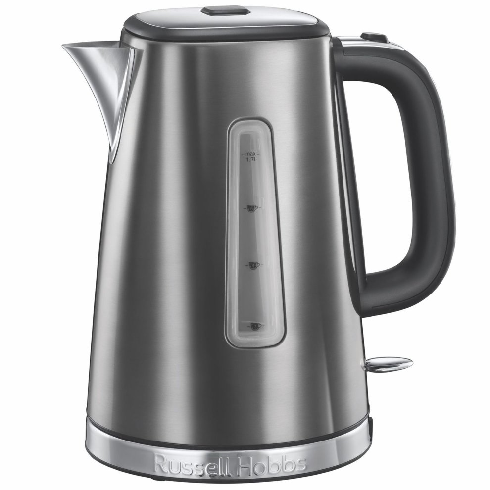 Grey stainless steel kettle with a sleek design, featuring a clear water level indicator, a black handle, and a chrome lid.