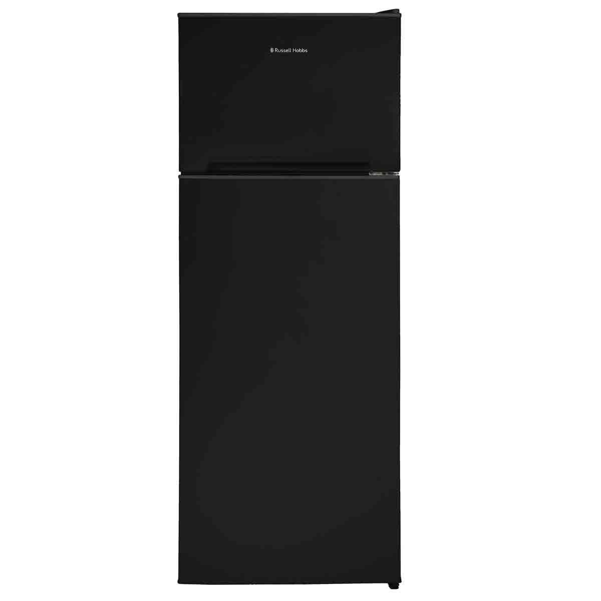 Russell Hobbs freestanding fridge freezer in black, 54cm wide and 145cm high, features a top-mounted freezer and sleek, modern design.