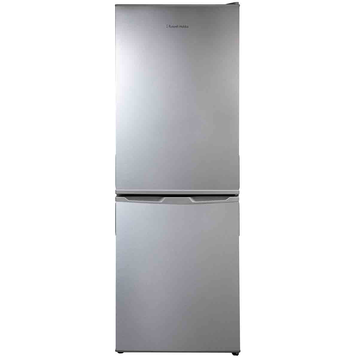 Silver freestanding Russell Hobbs fridge freezer, 145cm tall, featuring a low frost design with a total capacity of 174L, sleek metal finish, and two separate compartments.