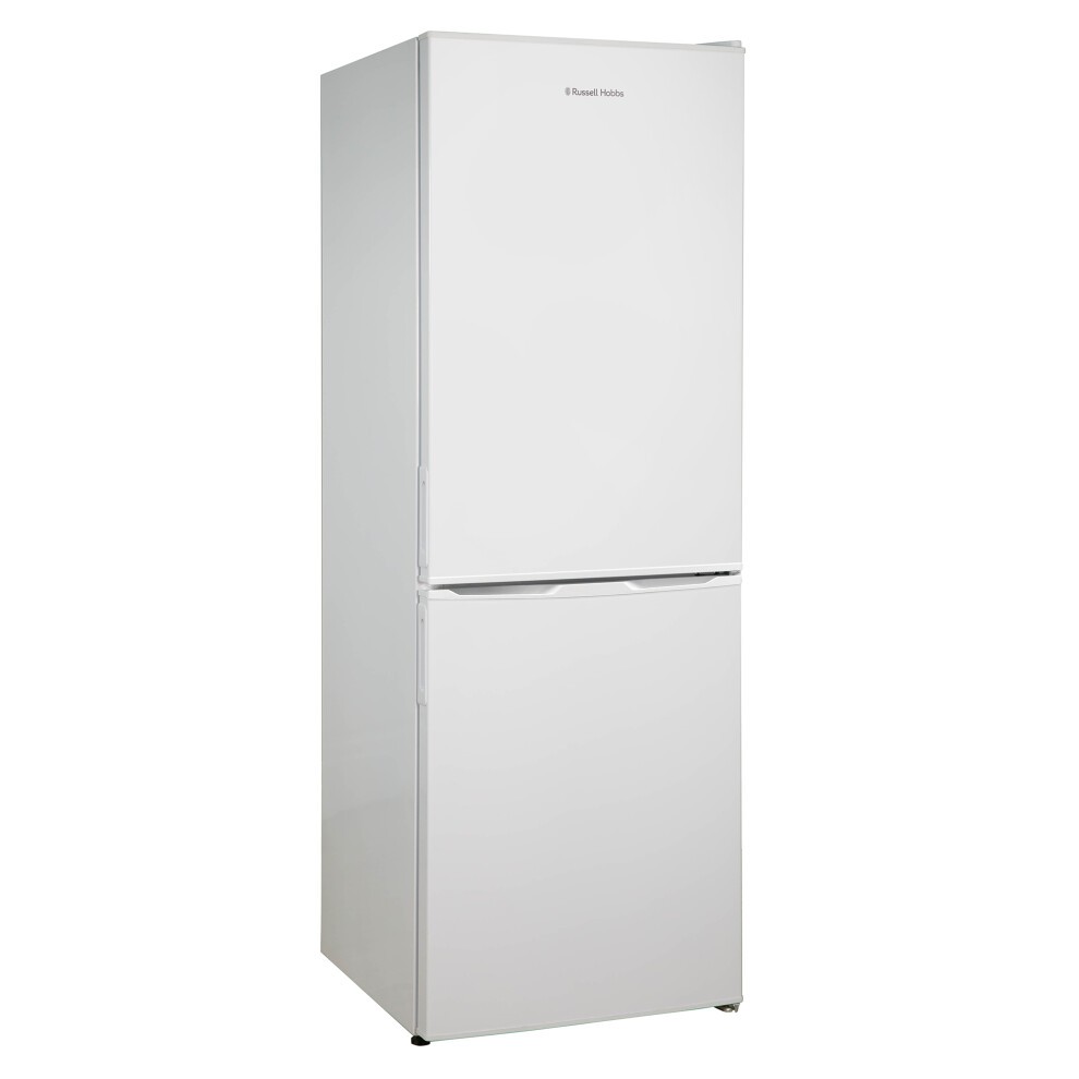 Freestanding white fridge freezer by Russell Hobbs, 145cm tall, featuring a low frost design and a total capacity of 174L, with a sleek, modern finish.