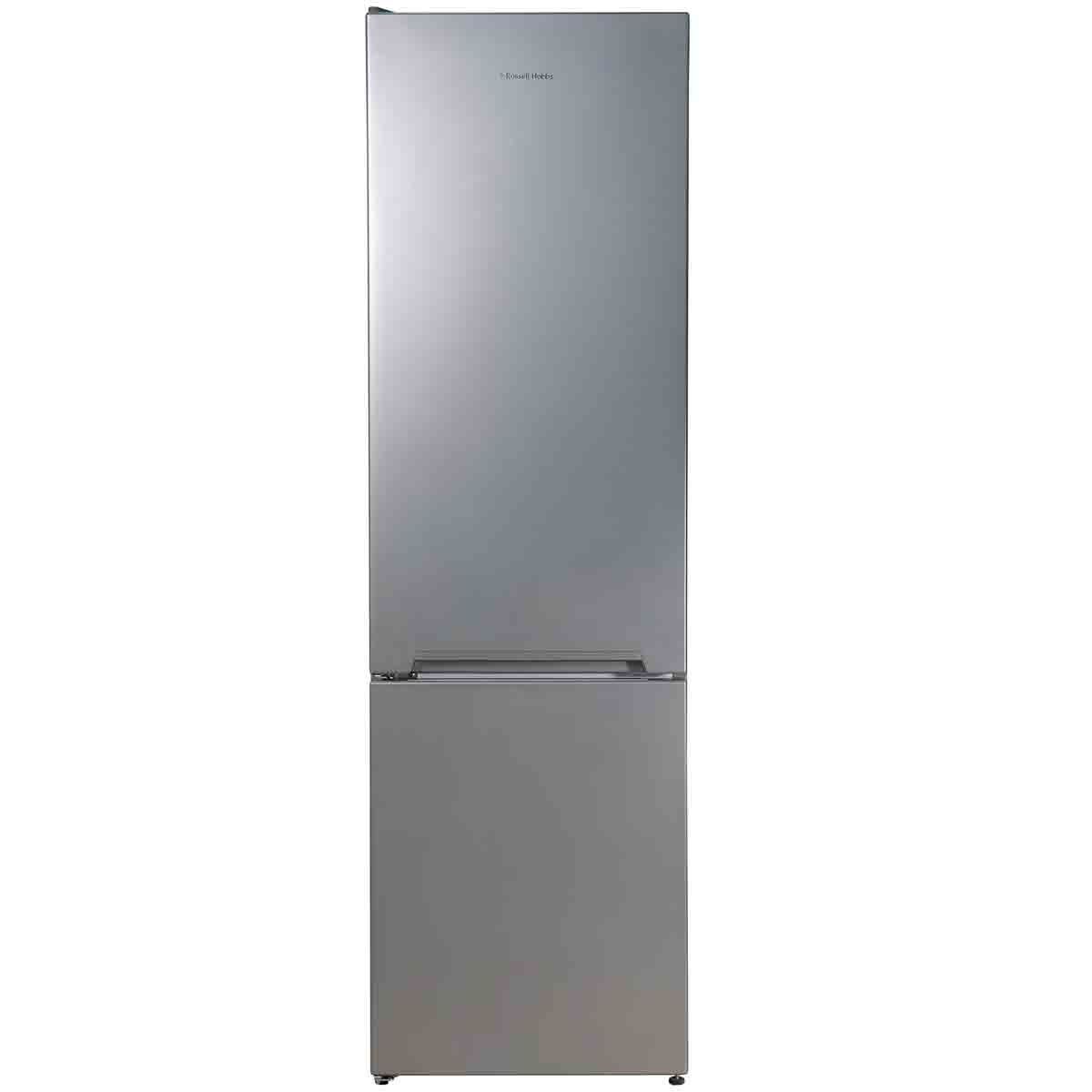 Silver freestanding fridge freezer with a 70/30 split, featuring a sleek design, bottom freezer compartment, and a modern finish by Russell Hobbs.
