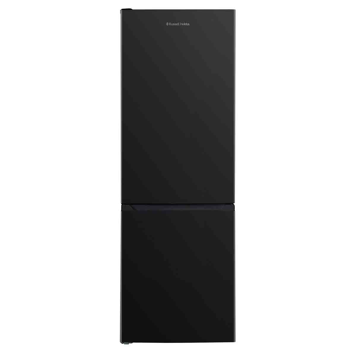 Freestanding black fridge freezer by Russell Hobbs, 60cm wide and 186cm high, featuring a sleek design and total no frost technology.
