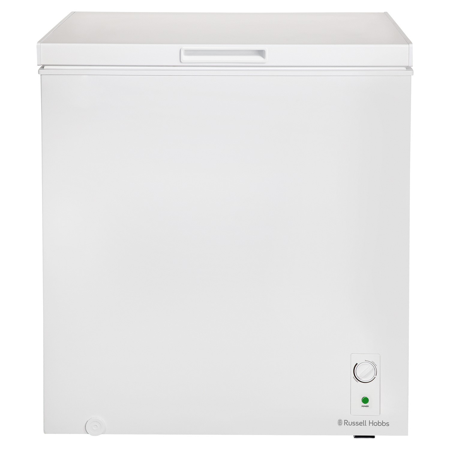 White chest freezer with a sleek design, featuring a top lid, adjustable temperature dial, and a compact size suitable for garages or outbuildings, marked with the Russell Hobbs logo.