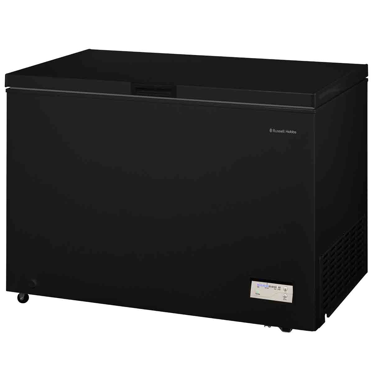 Black 300-litre chest freezer by Russell Hobbs featuring a sleek design, a flat top, a front handle, and a control panel with temperature display.