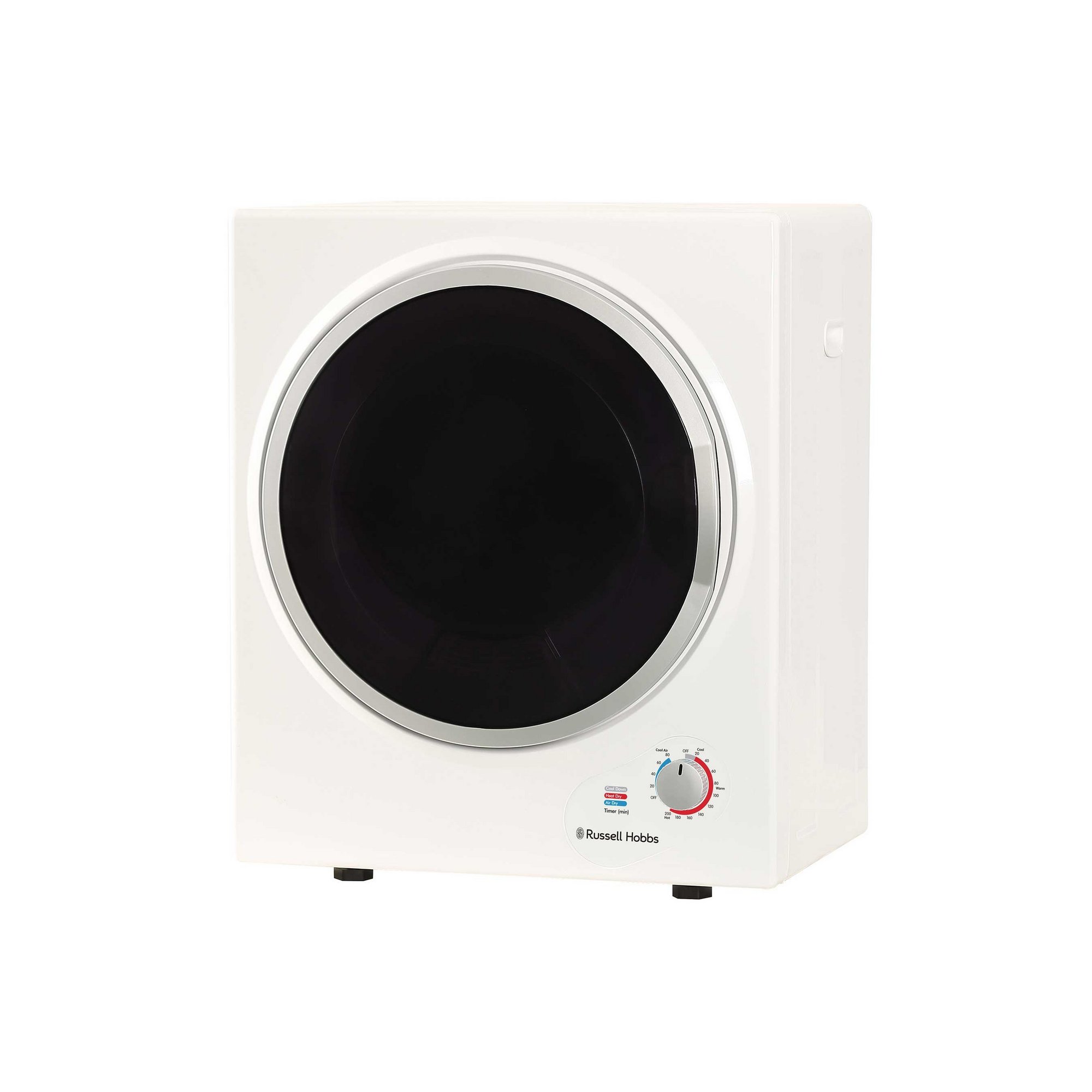 Compact white tumble dryer with a large black door, featuring a silver control knob and logo, designed for efficient vented drying with a capacity of 2.5kg.