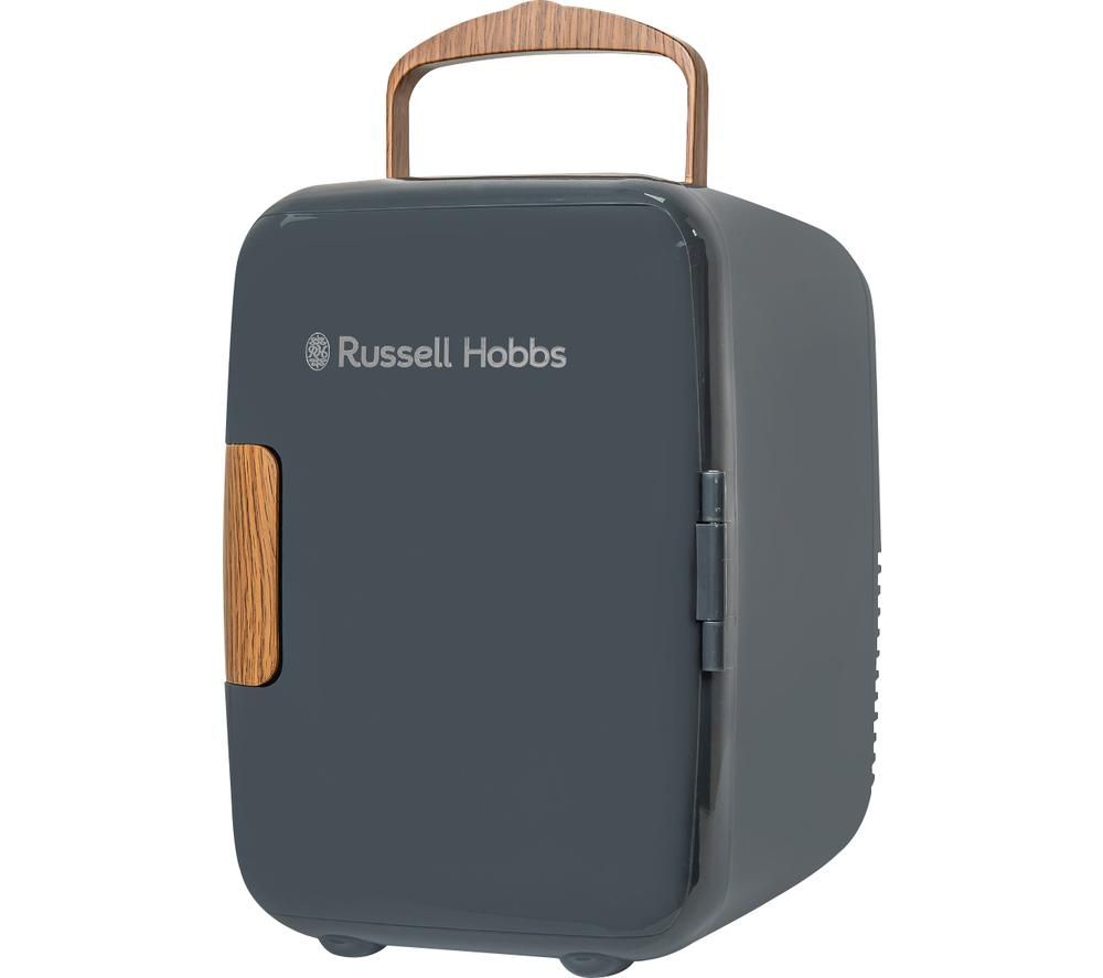 Grey 4L mini cooler by Russell Hobbs with a sleek design, wooden handle, and a front door, ideal for storing makeup, drinks, and cosmetics.