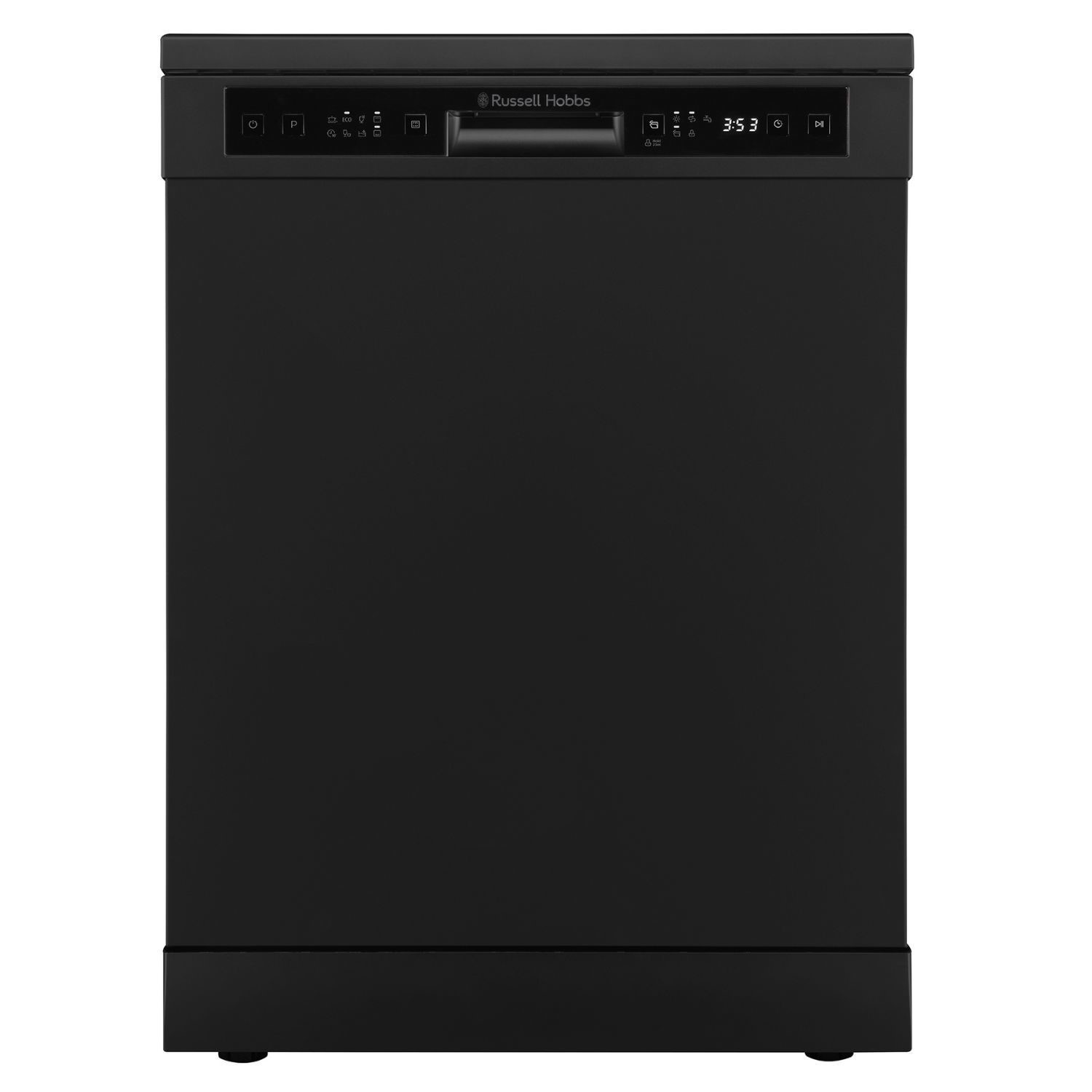 Freestanding black dishwasher by Russell Hobbs featuring a sleek design, control panel with buttons and display, and a minimalist aesthetic.