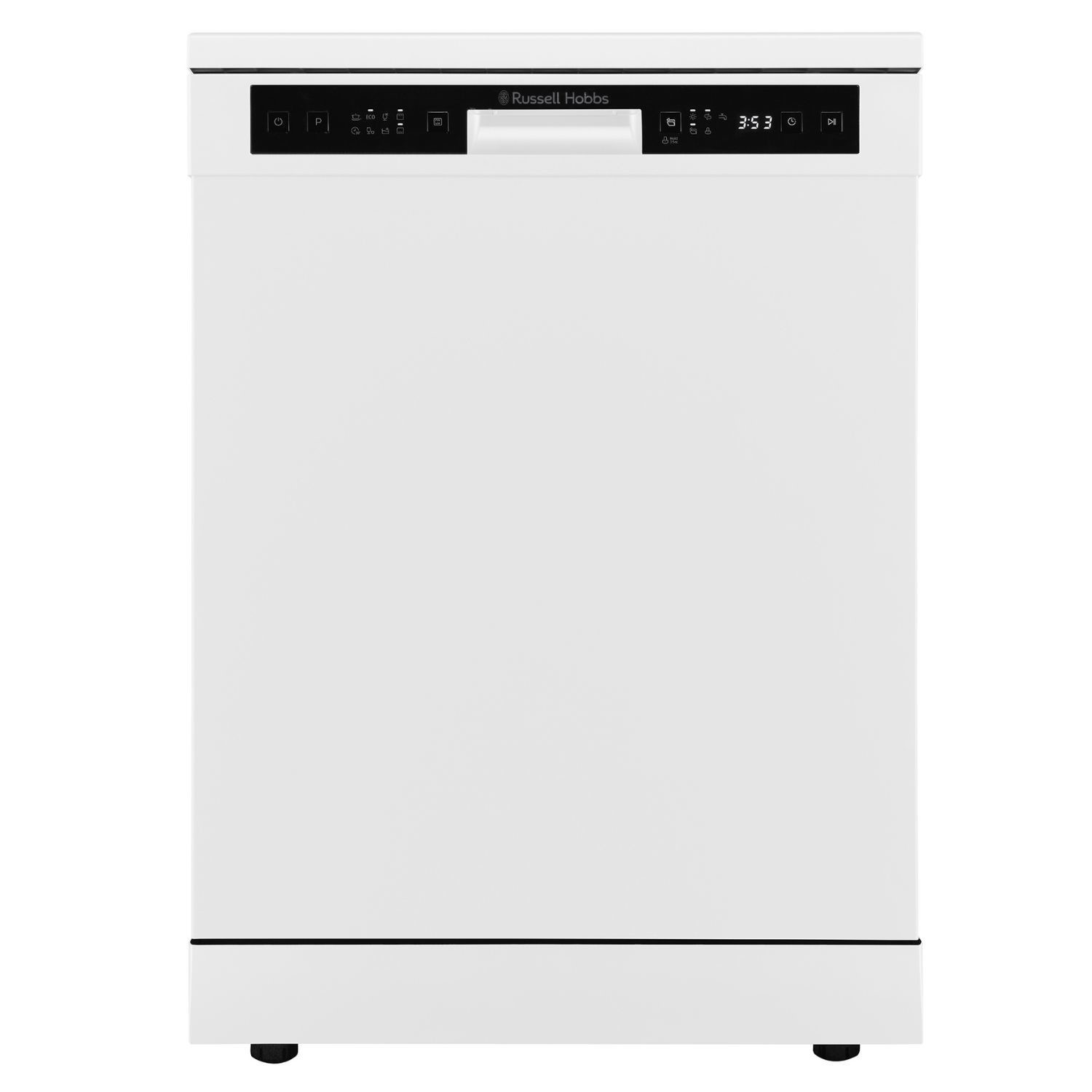 Freestanding white dishwasher by Russell Hobbs featuring a sleek design, control panel with buttons and display, and a modern finish for a stylish kitchen look.