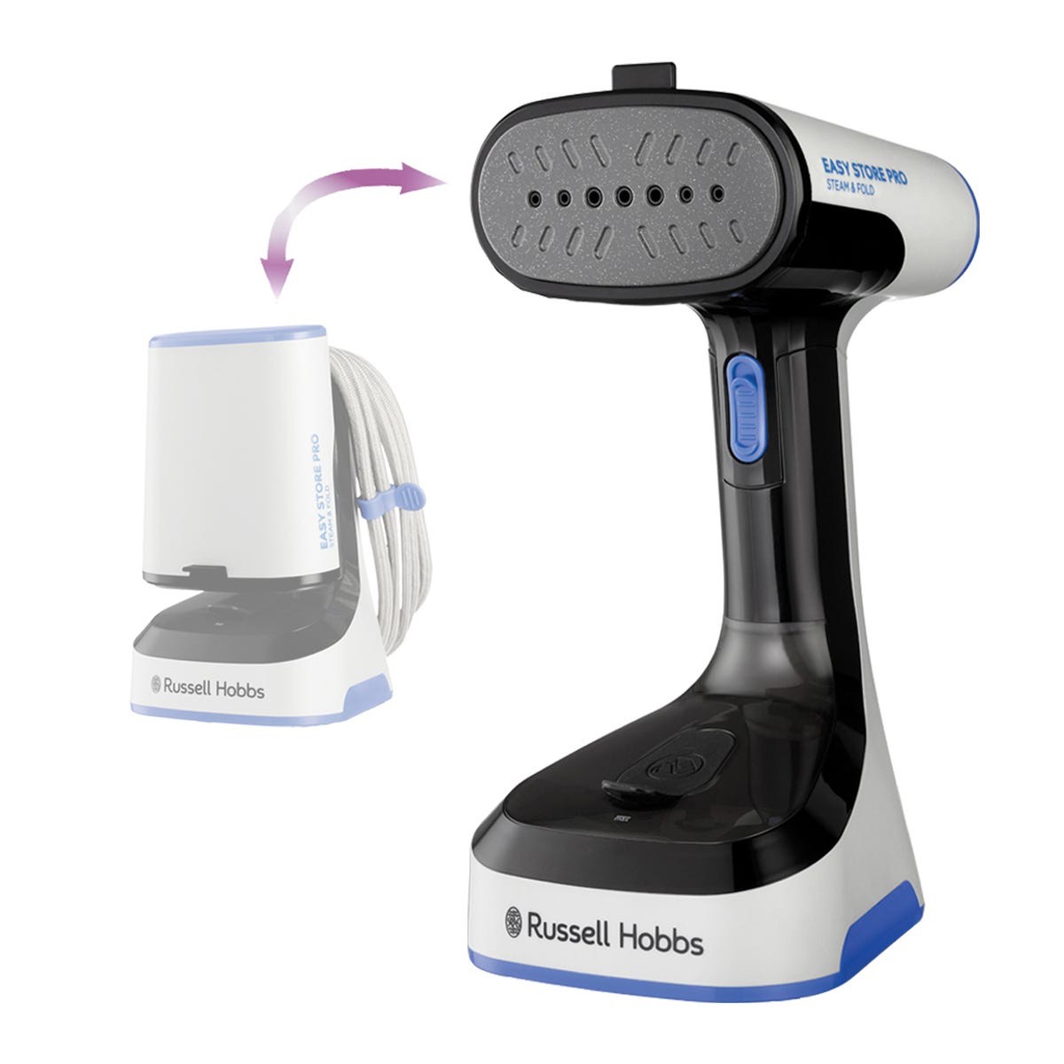 Handheld clothes steamer in white and black with blue accents, featuring a compact design, power indicator, foldable base, and steam nozzle, ready to use in 45 seconds.