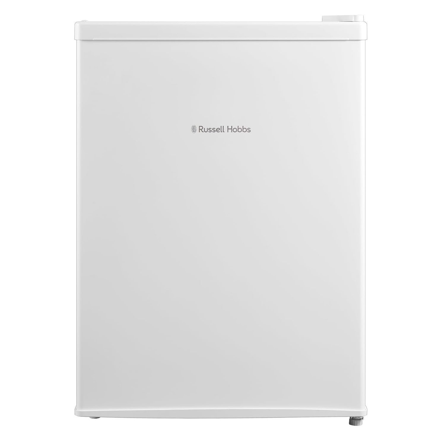 White Russell Hobbs mini fridge with a 66L capacity, featuring a smooth, glossy finish and a small ice box at the top.