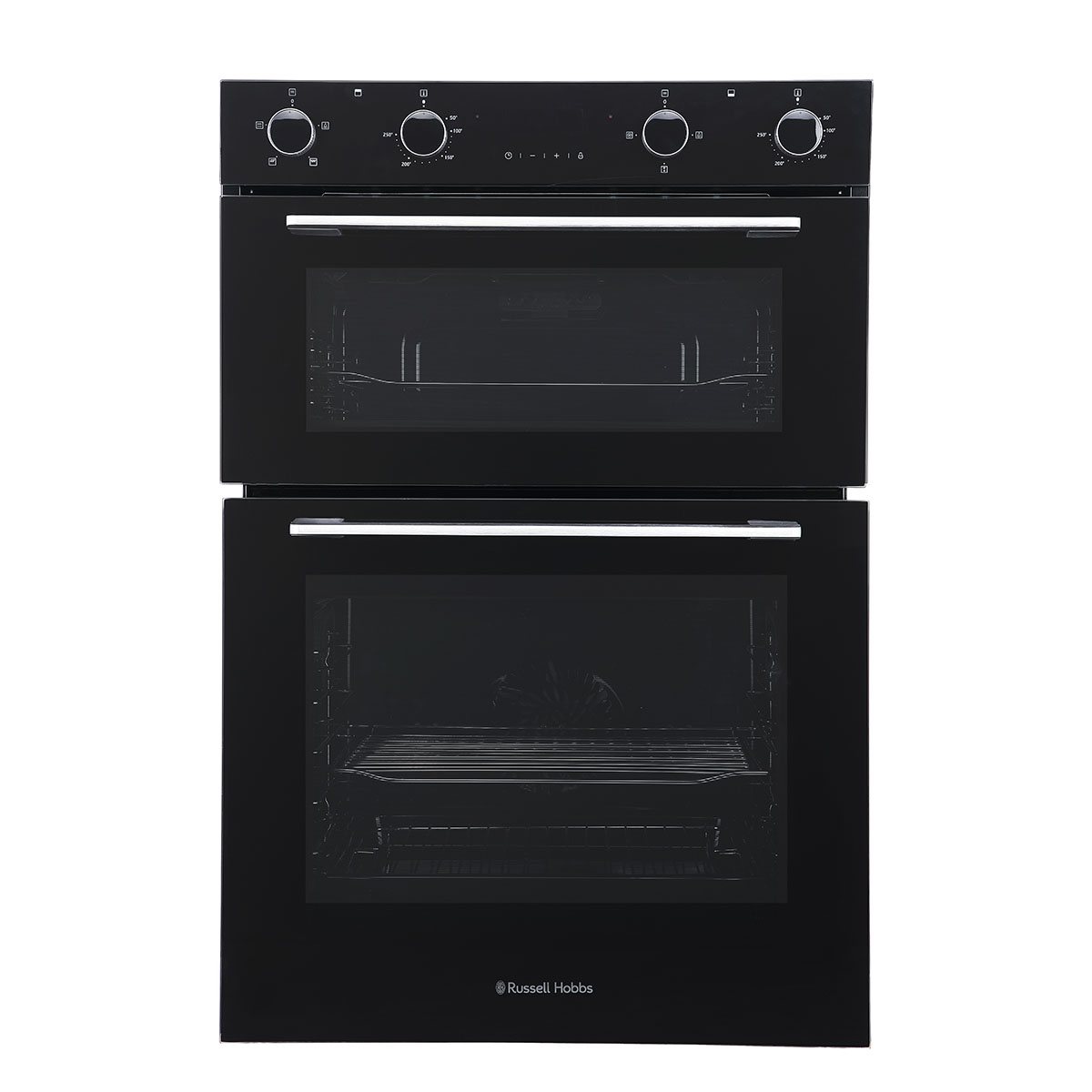 Black built-under electric double oven with stainless steel accents, featuring two glass doors, control knobs, and a sleek, modern design.