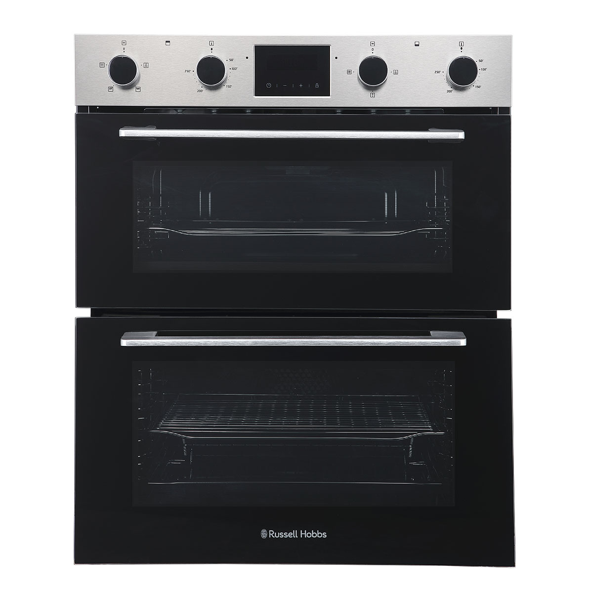 Built under electric double oven in stainless steel with a sleek black glass front, featuring two large viewing windows, control knobs, and a digital display.