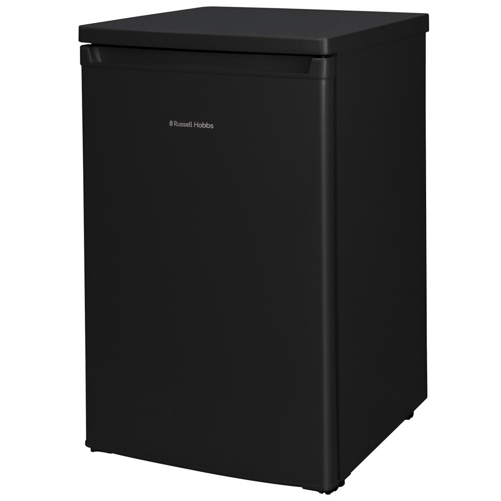 Freestanding under counter fridge in sleek black finish, featuring a smooth top, minimalist design, and the Russell Hobbs logo on the front.