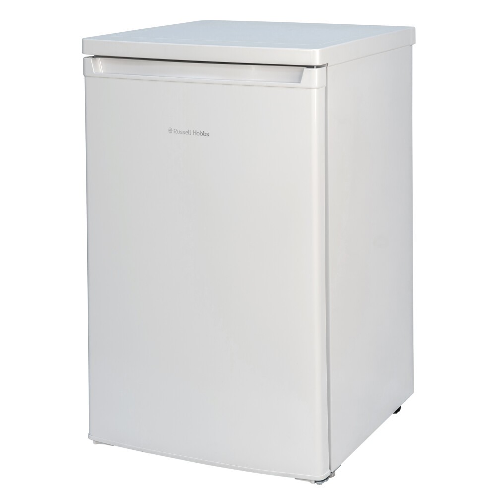 White under-counter larder fridge with a smooth finish, featuring a single door and a minimalist design, ideal for compact spaces.