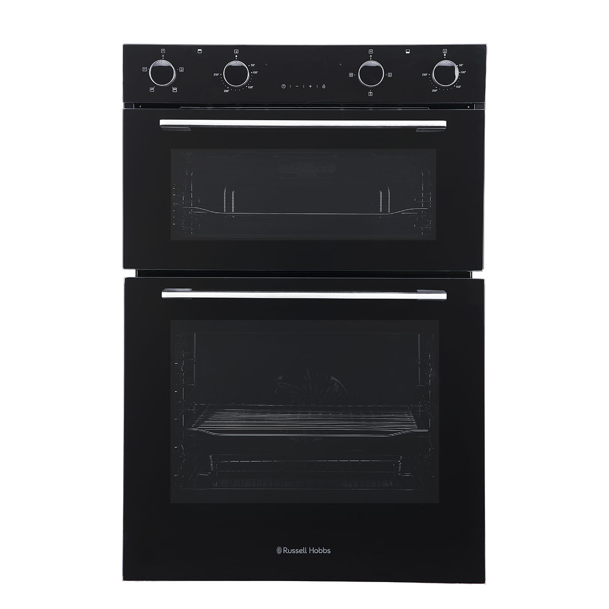 Built-in electric fan oven by Russell Hobbs, featuring a sleek black finish, two glass-fronted compartments, and stainless steel knobs for temperature control.