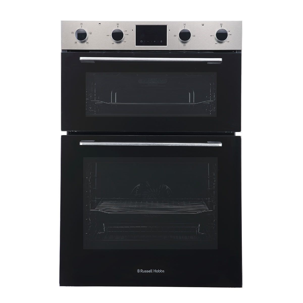 Built-in electric double oven in stainless steel with black glass doors, featuring four control knobs and a digital display for easy operation.