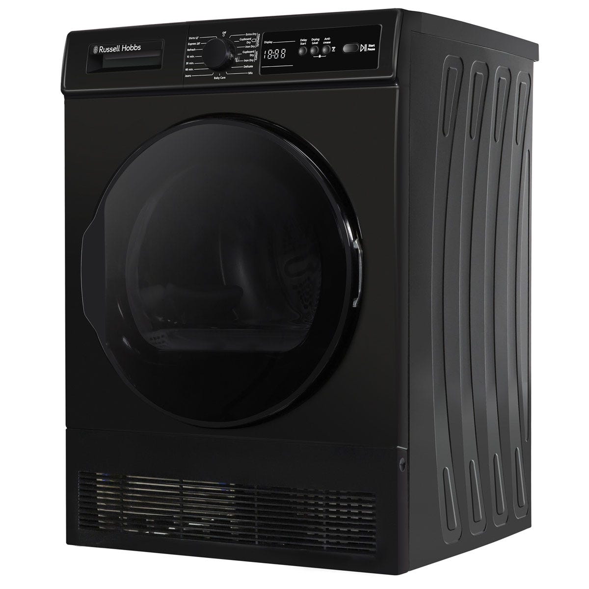 Black Russell Hobbs 11 Series 8kg condenser tumble dryer featuring a large transparent door, control panel with digital display, and sleek, modern design.