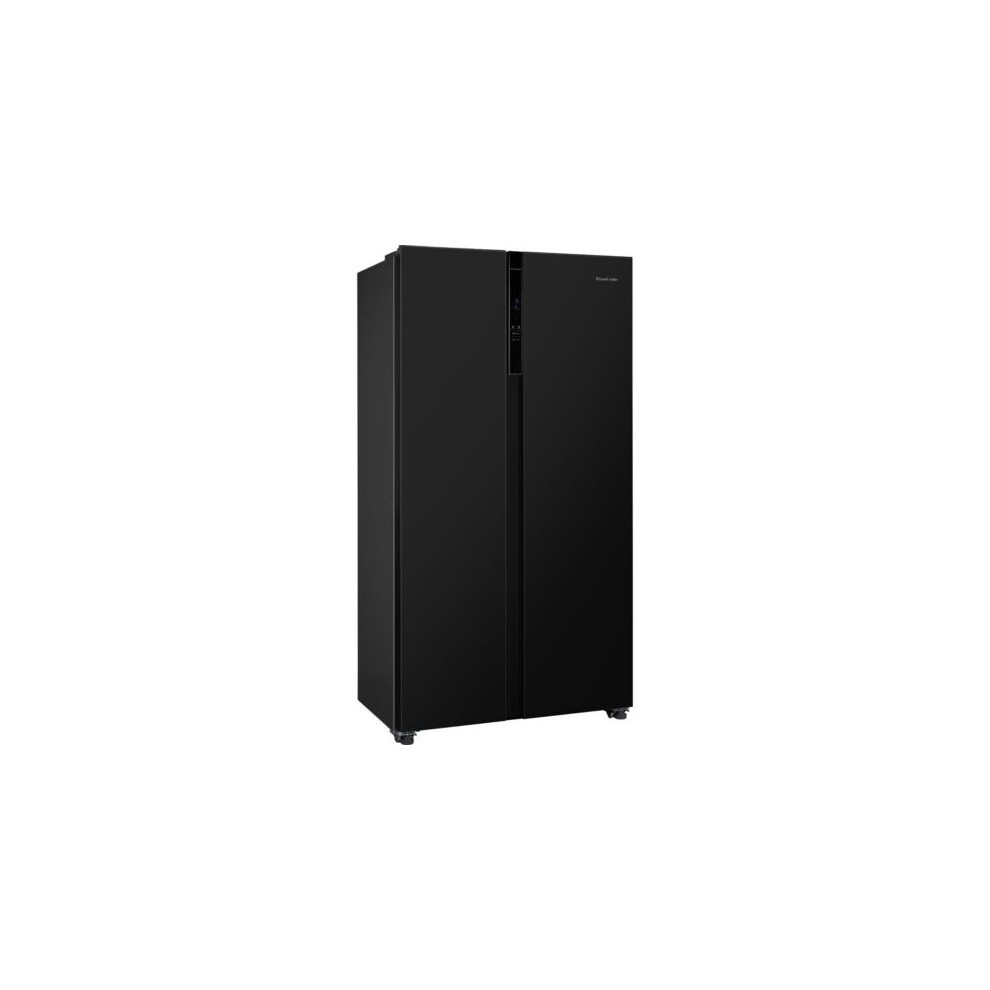 Black side-by-side American fridge freezer with a sleek design, featuring a digital control panel and spacious 442-litre capacity, ideal for modern kitchens.