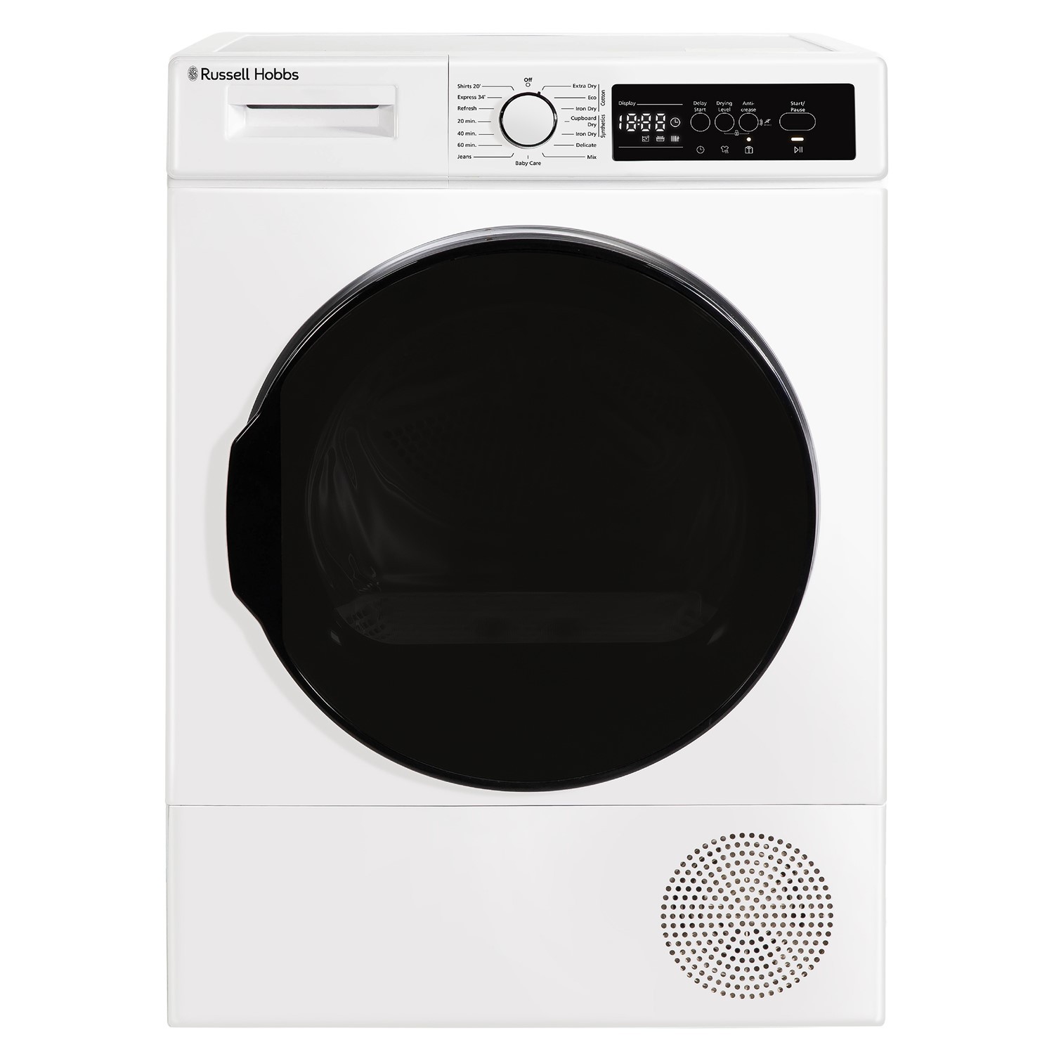 Russell Hobbs 9kg heat pump dryer in white with a large black door, control panel featuring digital display and buttons, and a vent at the bottom for efficient drying.
