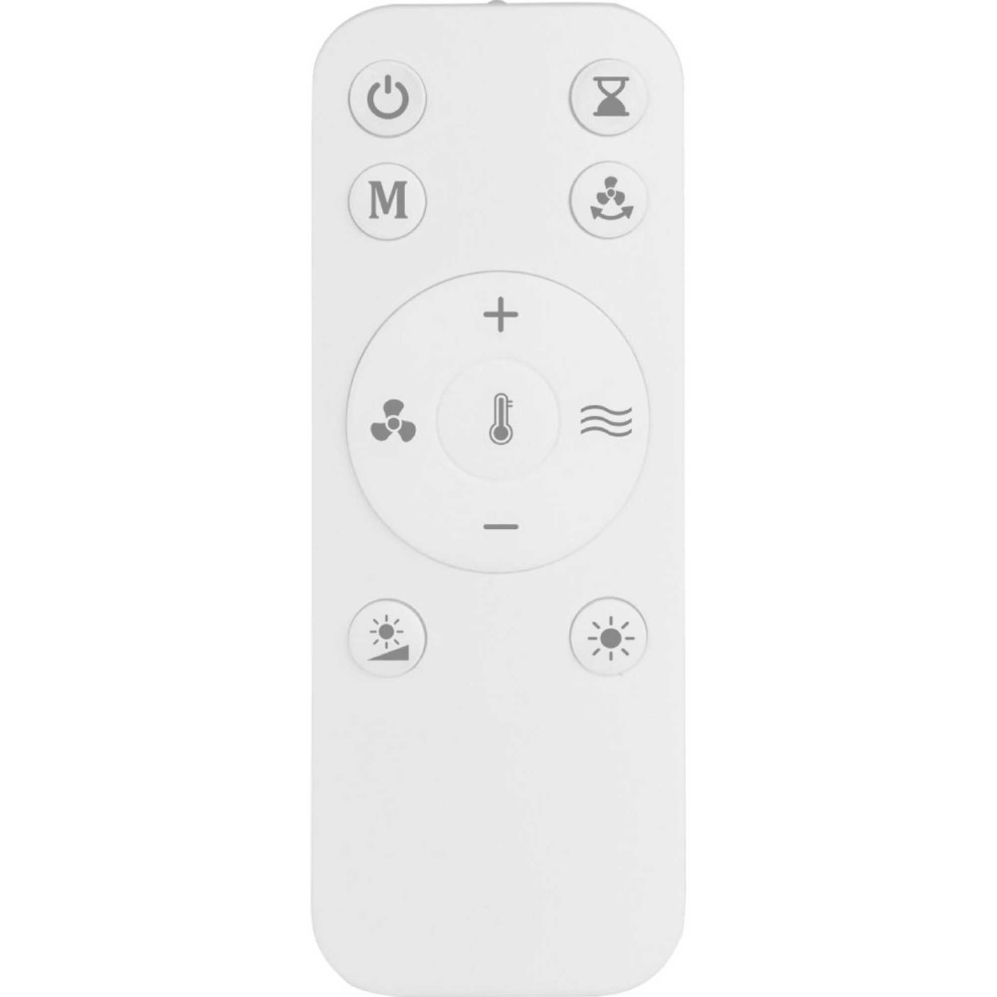 White remote control with circular center dial, featuring buttons for power, modes, fan speed, temperature, and light settings, all in a minimalist design.