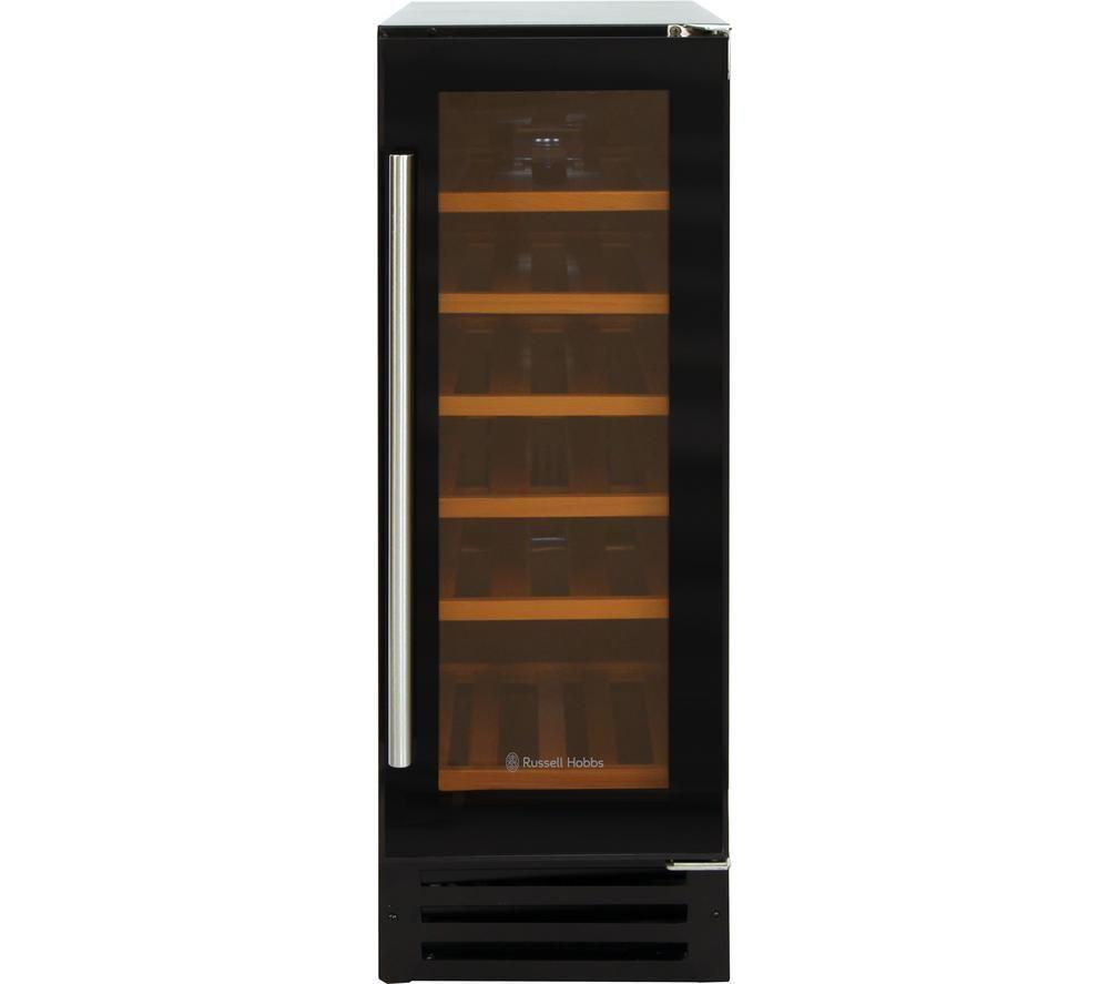 Black 18-bottle wine cooler with a glass door, stainless steel handle, and wooden shelves, featuring a sleek design suitable for modern kitchens.