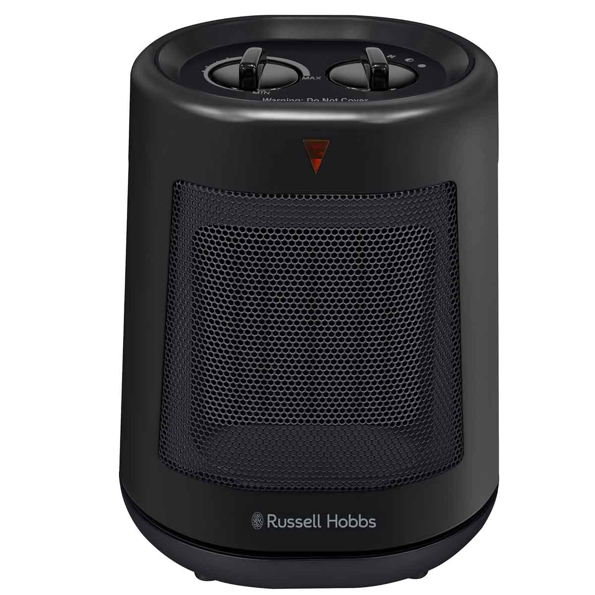 Black ceramic fan heater with a cylindrical design, featuring a mesh front, two control knobs on top, and a warning triangle indicator.