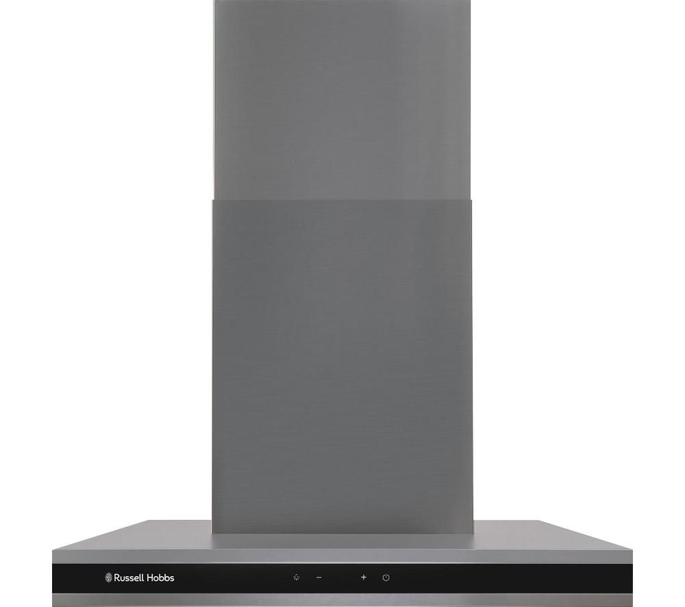 60cm flat cooker hood in dark steel by Russell Hobbs, featuring a sleek design, a black control panel with buttons, and a modern finish suitable for contemporary kitchens.
