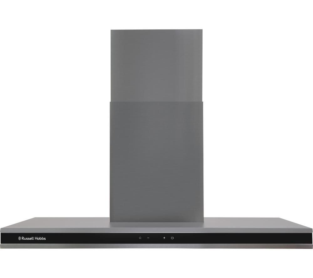 90cm flat cooker hood in dark steel, featuring a sleek design with a tall chimney, touch control buttons, and a modern aesthetic suitable for contemporary kitchens.