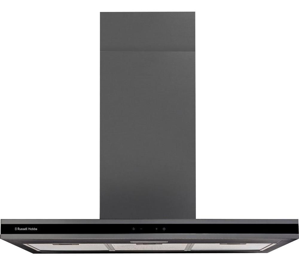 90cm Russell Hobbs RHICH904DB Midnight Island Cooker Hood in dark steel, featuring a sleek design, touch controls, and integrated lighting for modern kitchens.