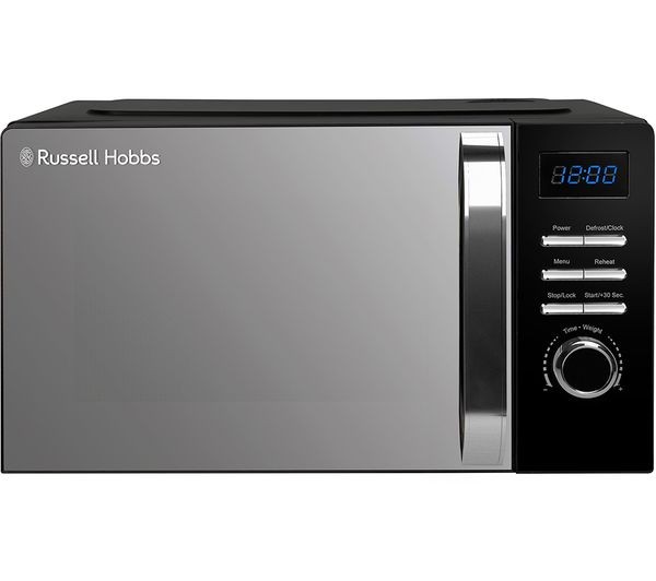 Sleek black microwave with a stainless steel finish, featuring a digital display, control dial, and multiple cooking settings.