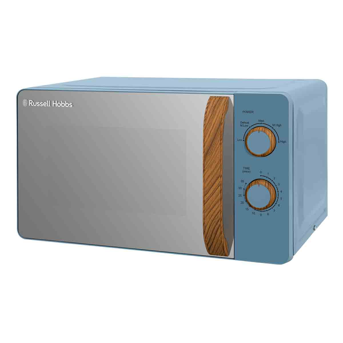 Blue Russell Hobbs Scandi Manual Microwave with a 17L capacity, 700W power, featuring a stainless steel front and wooden accents, and two dials for power and time settings.