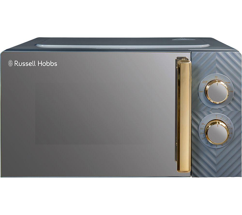 Russell Hobbs Manual Groove Microwave in grey, featuring a sleek design, gold knobs, and a 17-litre capacity with 700W power.