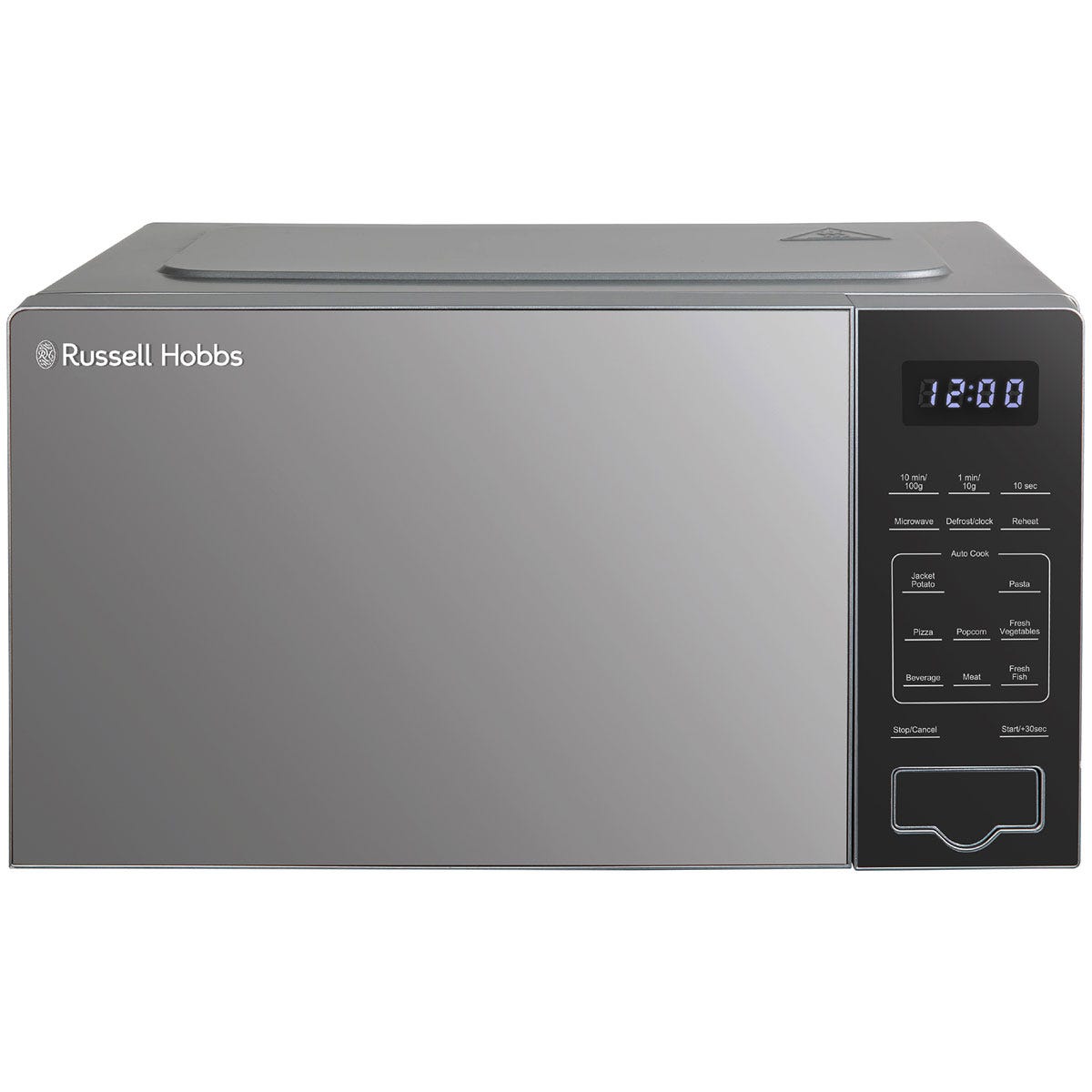 Silver Russell Hobbs Digital Microwave with a 20-litre capacity, 800W power, touch control panel, LED display, and various cooking functions.