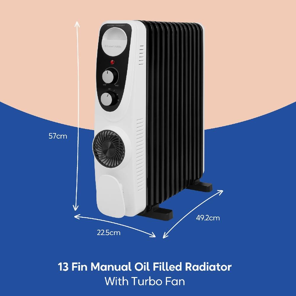 Russell Hobbs RHOFR2403 White and Black 13 Fin Manual Oil Filled Radiator with Turbo Fan 2500W - image 2