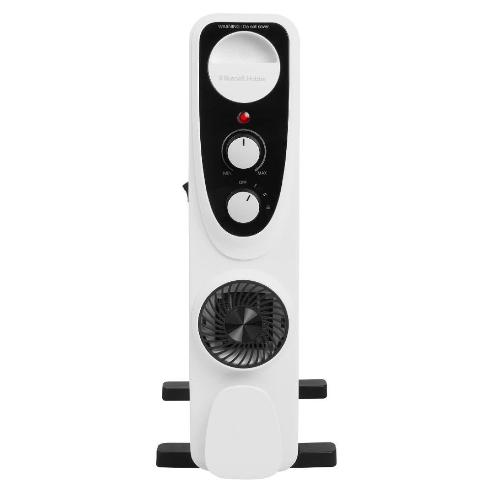 White Russell Hobbs 2500W oil-filled radiator with 13 fins, featuring a control panel with dials for temperature settings and a fan at the base for enhanced heating efficiency.