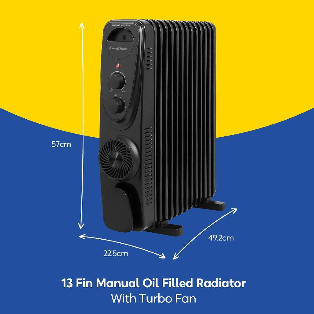 Russell Hobbs RHOFR2403B Black 13 Fin Manual Oil Filled Radiator with Turbo Fan 2500W - image 2