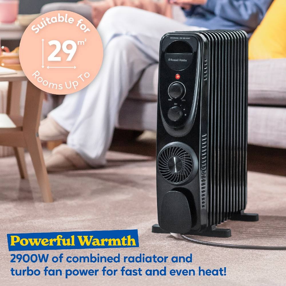 Russell Hobbs RHOFR2403B Black 13 Fin Manual Oil Filled Radiator with Turbo Fan 2500W - image 5