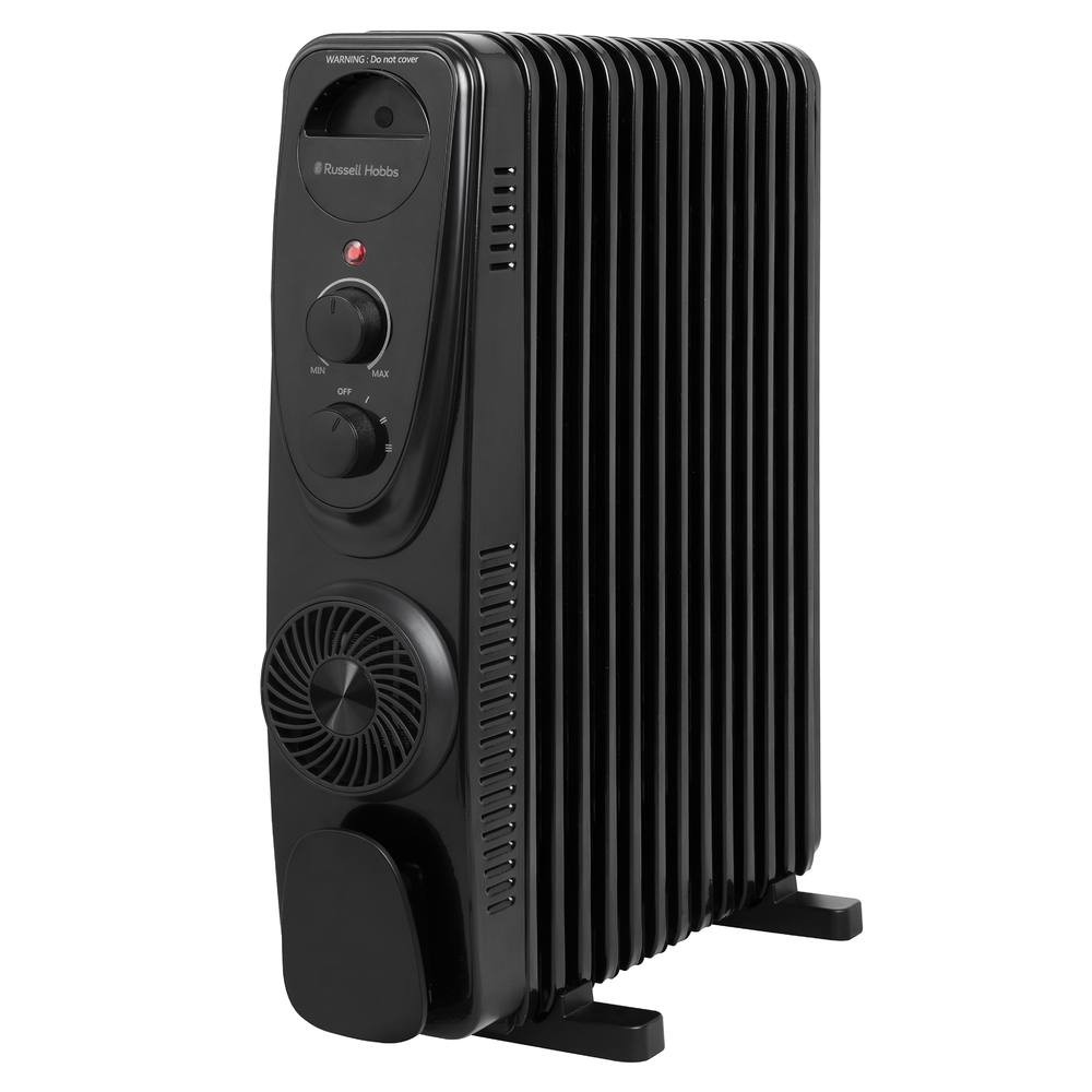 Black oil-filled radiator heater with 13 fins, featuring a control panel with dials for temperature and power settings, and a built-in fan for enhanced heat distribution.