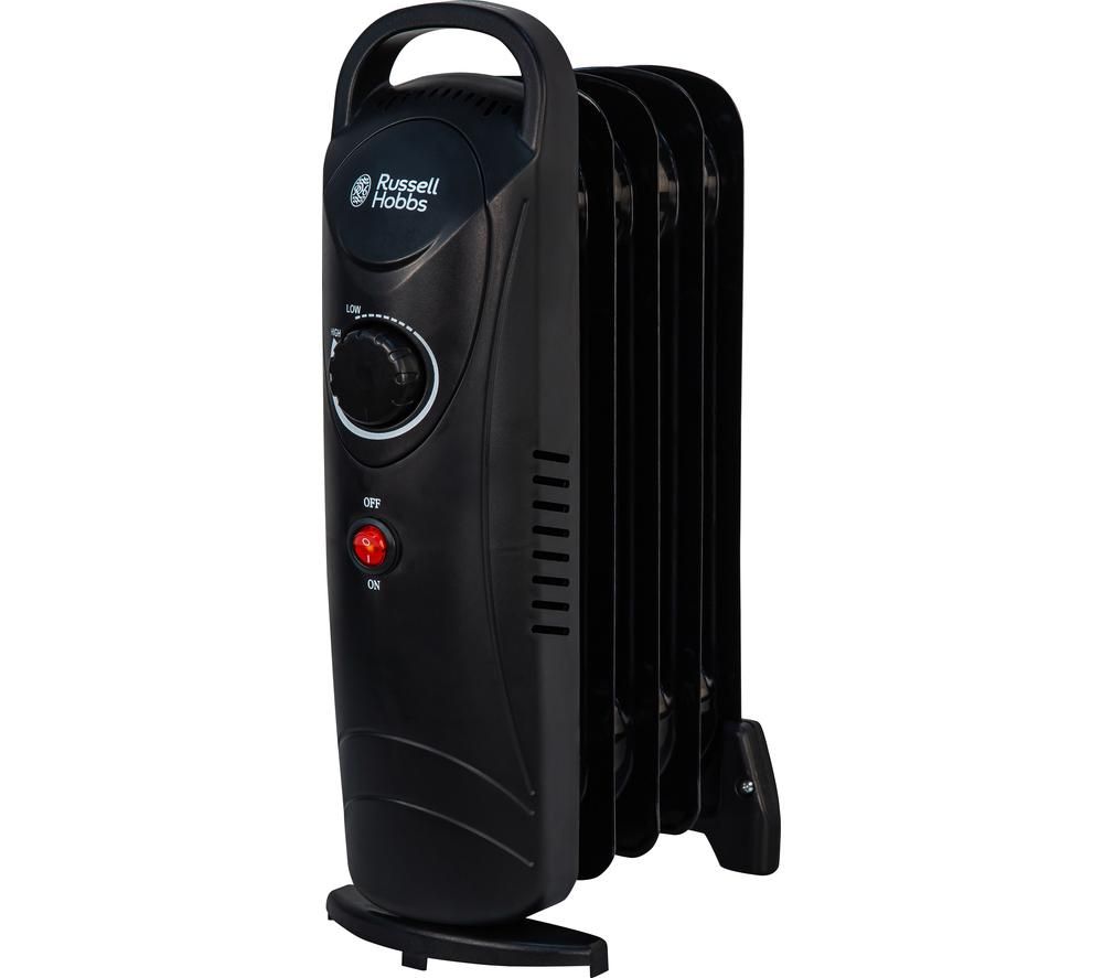 Black oil-filled radiator with five fins, featuring a control dial and indicator light, designed for efficient heating in compact spaces.