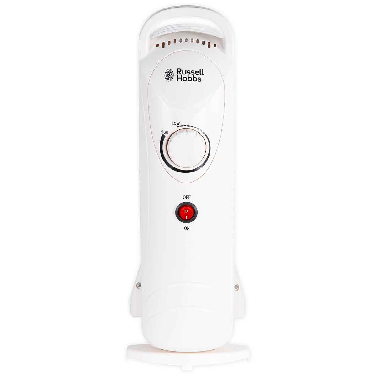 White Russell Hobbs 650W electric heater features a sleek design with five fins, a temperature dial, and an on/off indicator light for easy portability and use.