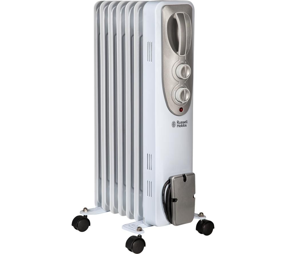 White oil-filled radiator with seven fins, featuring a silver control panel and two adjustable dials, mounted on wheels for easy mobility.