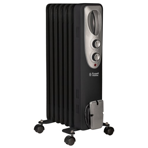 Black oil-filled radiator heater with 7 fins, 1500W power, featuring a silver control panel with dials, mounted on wheels for easy mobility.