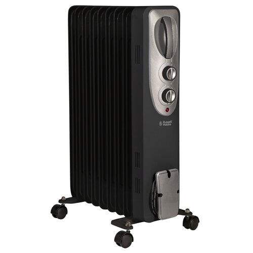 Black oil-filled radiator with a sleek design, featuring a silver control panel, two dials for temperature settings, and four wheels for easy mobility.