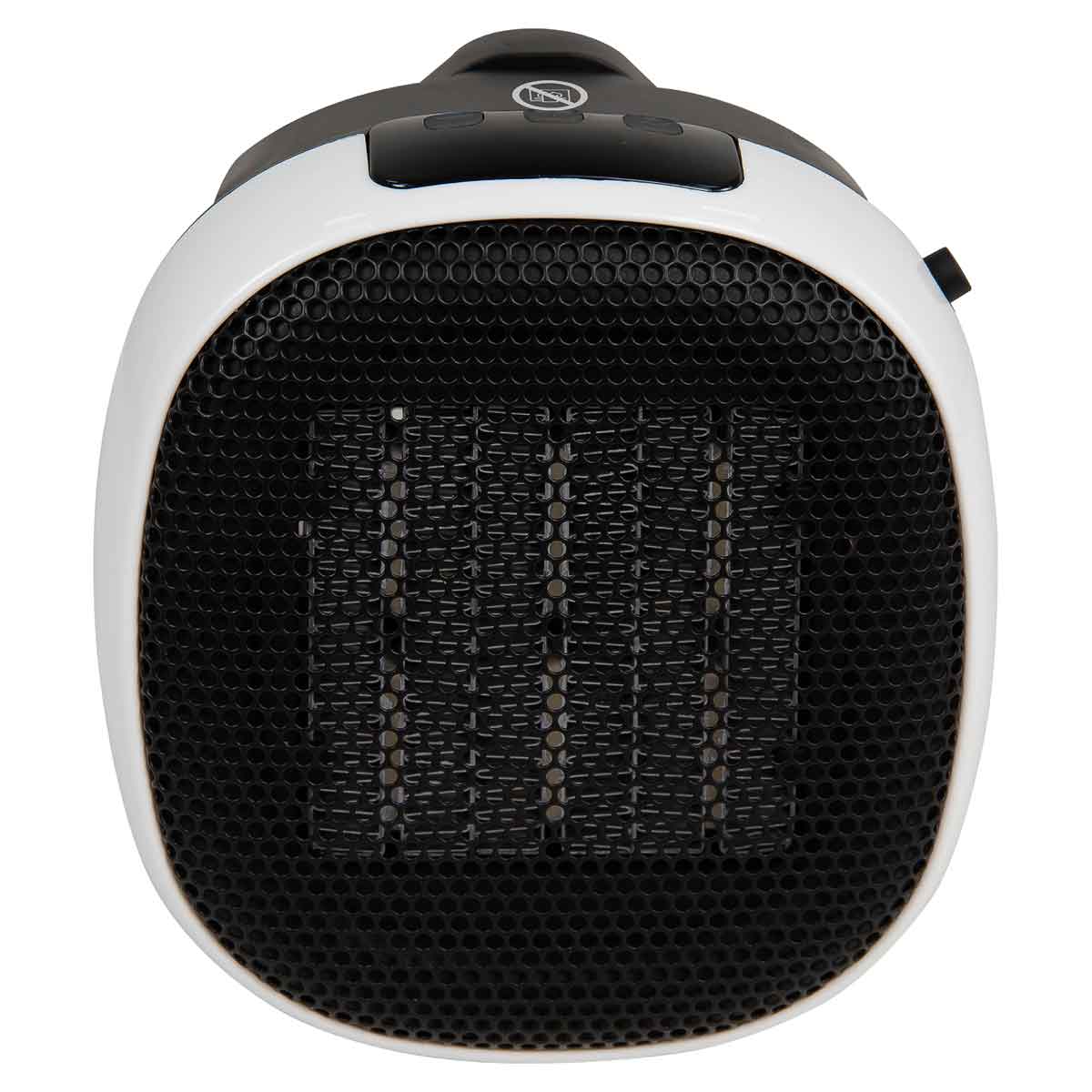 Compact white ceramic plug heater with a black mesh front, featuring control buttons on top and a sleek, rounded design for efficient heating.